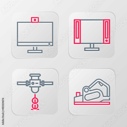 Set line Electric planer tool, Construction jackhammer, Smart Tv and Computer monitor icon. Vector