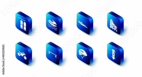 Set Jet ski, Formula 1 racing car, Roller skate, Longboard skateboard, Bicycle helmet, Motorcycle and Aqualung icon. Vector