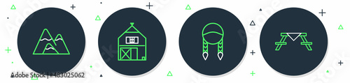 Set line Farm House, Braid, Mountains and Picnic table with benches icon. Vector