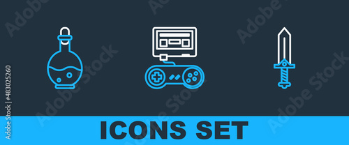 Set line Sword for game, Bottle with magic elixir and Game console joystick icon. Vector