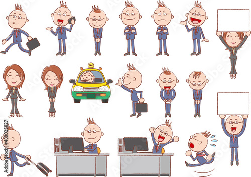 ゆるい線画のビジネスシーンセット