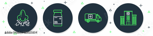 Set line Medicine bottle and pills, Emergency car, Runny nose and Medical hospital building icon. Vector