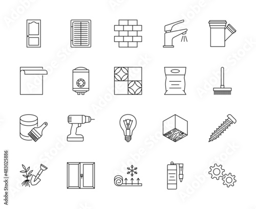 Hardware store and home repair icon set editable stroke. Doors, windows, boiler, floor, decoration materials, tools, sanitary engineering