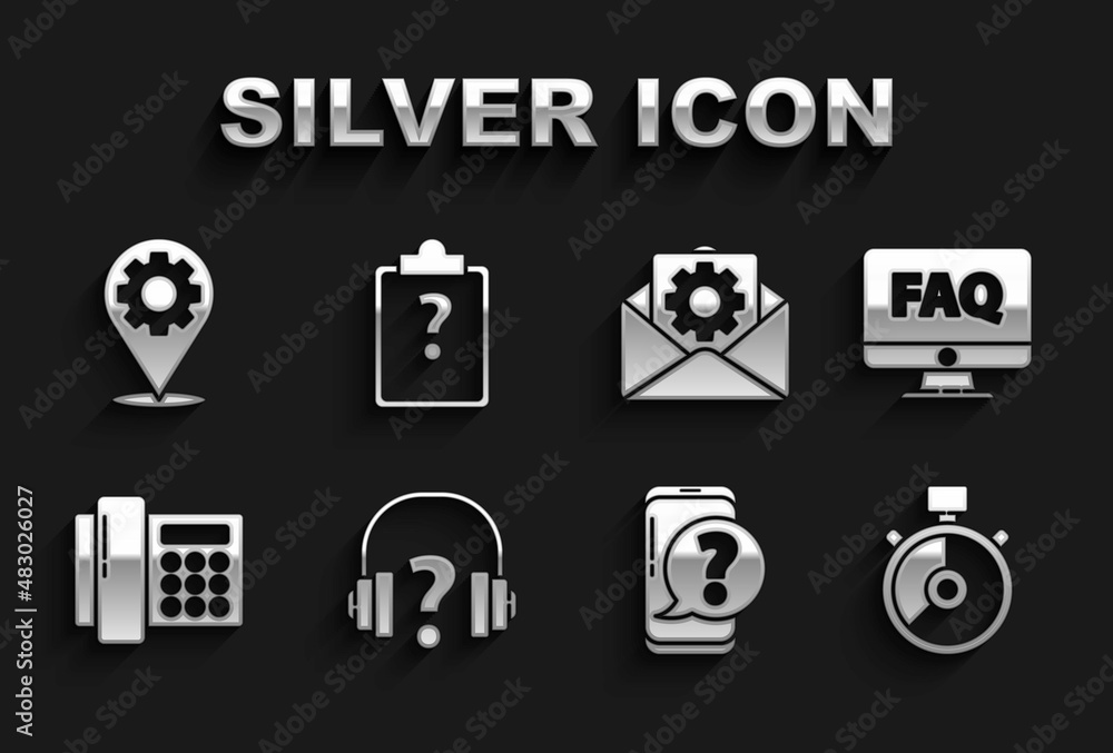 Set Headphones, Computer monitor and FAQ, Stopwatch, Mobile with question, Telephone, Envelope setting, Location gear and Clipboard marks icon. Vector Set Headphones, Computer monitor and FAQ, Stopwatch, Mobile with question, Telephone, Envelope setting, Location gear and Clipboard marks icon. Vector