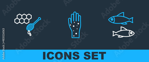 Set line Fish, Honeycomb with honey dipper and Hand psoriasis or eczema icon. Vector