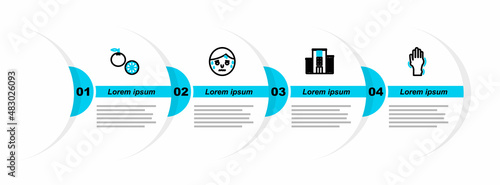 Set line Hand with psoriasis or eczema, Medical hospital building, Man excessive sweating and Orange fruit icon. Vector