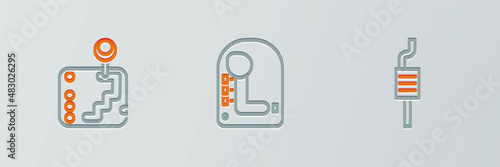 Set line Car muffler, Gear shifter and icon. Vector