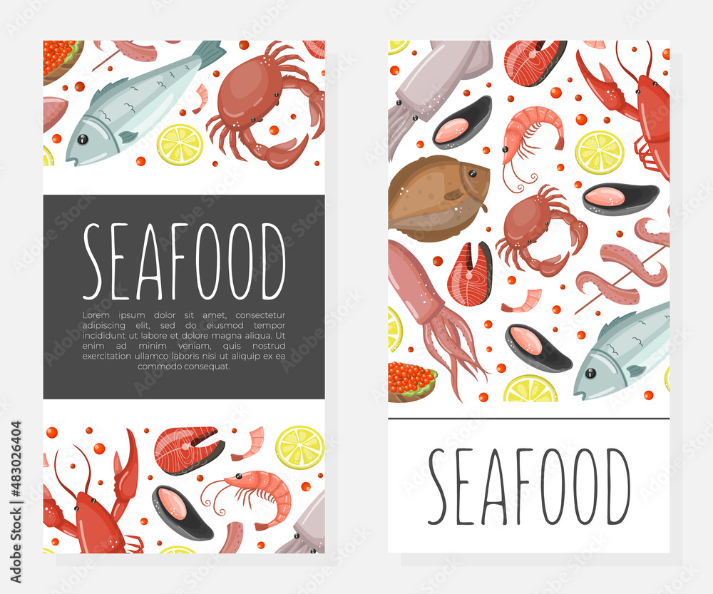 Seafood card templates set. Fish market, restaurant, fishery products shop advertising, promotion leaflet, flyer vector illustration