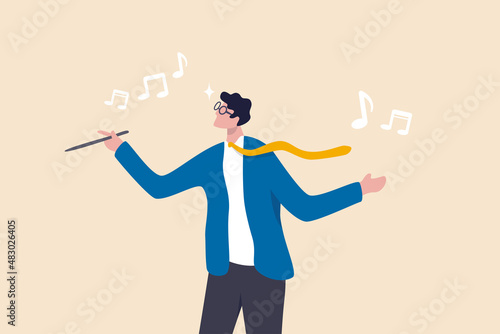Businessman conductor with baton conduct music metaphor of leadership to lead company to success, manager to guide and control team concept. photo