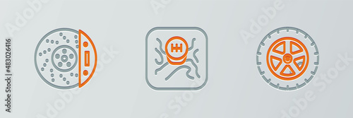 Set line Car wheel, brake disk with caliper and Gear shifter icon. Vector