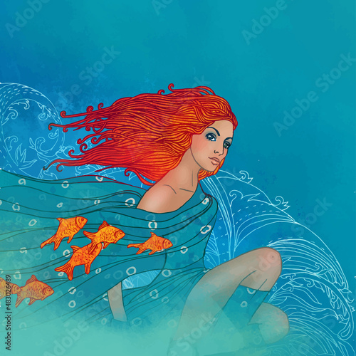 Illustration of pisces zodiac sign as a beautiful girl with fishes on her scarf