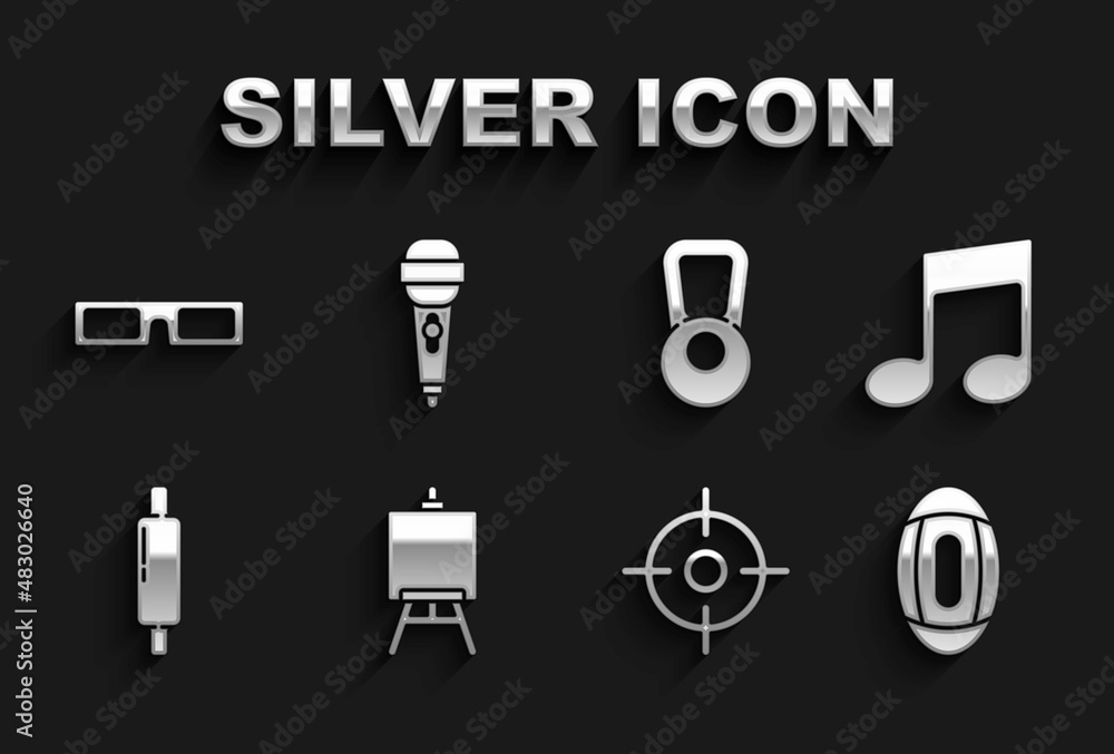 Set Easel or painting art boards, Music note, tone, American Football ball, Target sport, Rolling pin, Kettlebell, Cinema glasses and Microphone icon. Vector Set Easel or painting art boards, Music note, tone, American Football ball, Target sport, Rolling pin, Kettlebell, Cinema glasses and Microphone icon. Vector