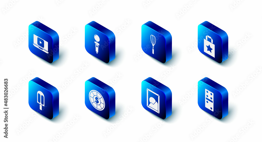 Set Joystick for arcade machine, Kitchen whisk, Paper shopping bag, Domino, Picture landscape, Casino chips, Ice cream and Online play video icon. Vector Set Joystick for arcade machine, Kitchen whisk, Paper shopping bag, Domino, Picture landscape, Casino chips, Ice cream and Online play video icon. Vector