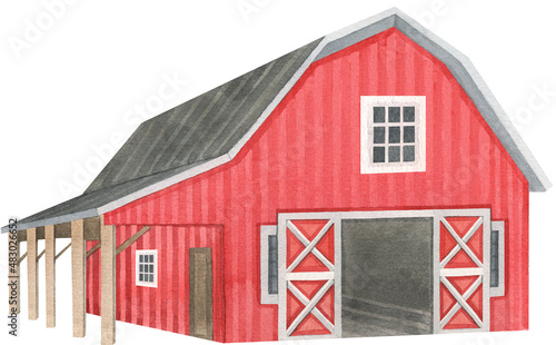 Watercolor red barn. Farmhouse illustration. Farm building