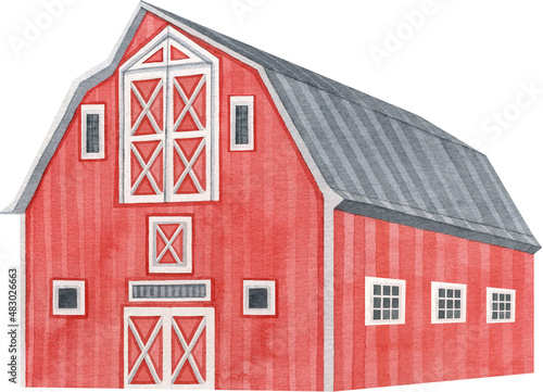 Watercolor red barn. Farmhouse illustration. Farm building photo