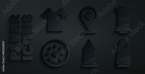 Set Sewing thread, button, Location tailor shop and T-shirt icon. Vector