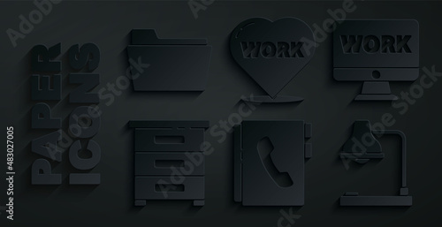 Set Address book, Monitor with text work, Drawer documents, Table lamp, Heart and Document folder icon. Vector