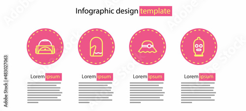 Set line Elegant women hat, Balaclava, Christmas mitten and Sport bag icon. Vector