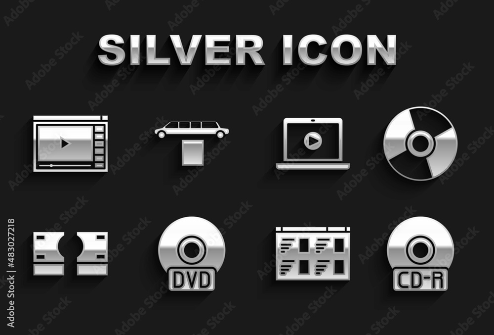 Set CD or DVD disk, Online play video, Stacks paper money cash, and Limousine car and carpet icon. Vector Set CD or DVD disk, Online play video, Stacks paper money cash, and Limousine car and carpet icon. Vector