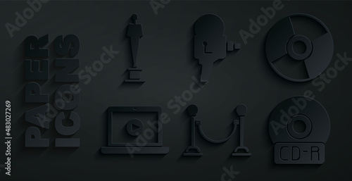Set Rope barrier, CD or DVD disk, Online play video, Retro cinema camera and Movie trophy icon. Vector