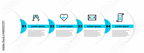 Set line Envelope with Valentine heart, Heart rate and Glass of champagne icon. Vector