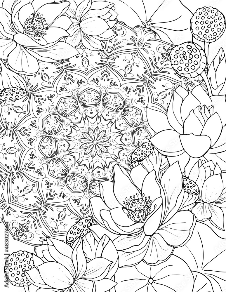 Coloring book for adults Mandala in the center and a beautiful lotus. Vector illustration. Doodle coloring page.