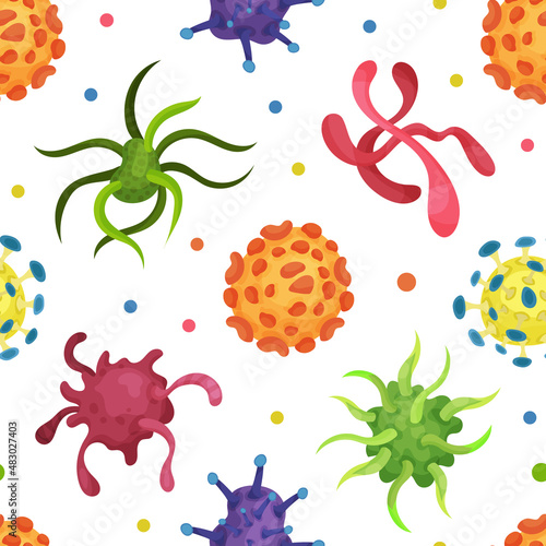 Virus, bacteria and microbe seamless pattern. Bacteriological microorganisms background, wallpaper, cover, textile, packaging vector illustration