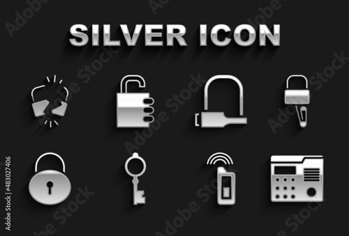 Set Old key, Lock picks for lock picking, House intercom system, Car with remote, Bicycle, Broken cracked and Safe combination icon. Vector