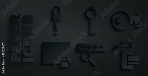 Set Password protection, Key, Folder and lock, Digital door, Old key and Locked icon. Vector