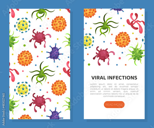 Viral infections web banners set. Virus, bacteria and microbe bacteriological microorganisms mobile app vector illustration