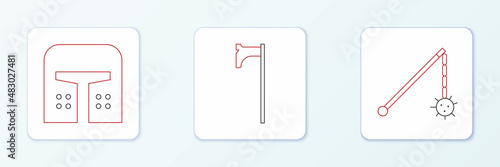 Set line Medieval chained mace ball, iron helmet and axe icon. Vector