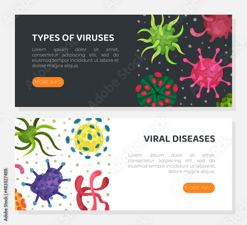 Viral diseases web banners set. Types of viruses, bacteriological microorganisms homepage vector illustration