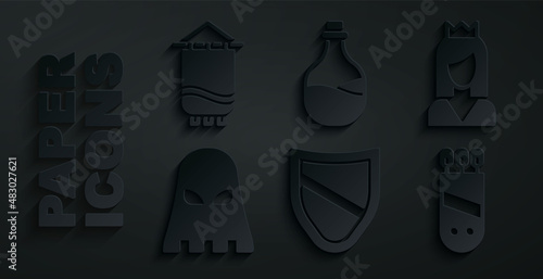 Set Shield, Princess, Executioner mask, Quiver with arrows, Old bottle of wine and Medieval flag icon. Vector