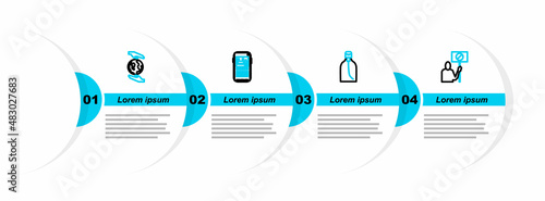 Set line Nature saving protest, Bottle of liquid soap, Stop plastic pollution and Hands holding Earth globe icon. Vector
