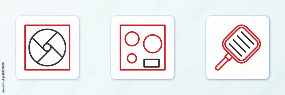 Set line Frying pan, Ventilation and Electric stove icon. Vector Set line Frying pan, Ventilation and Electric stove icon. Vector