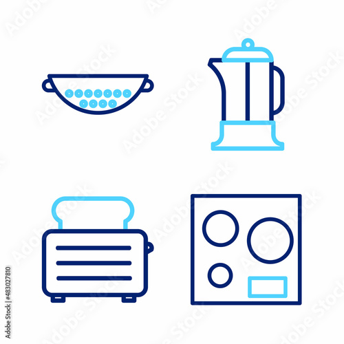 Set line Electric stove, Toaster with toasts, French press and Kitchen colander icon. Vector
