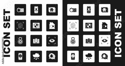 Set Browser incognito window, Shield with brick wall, Fingerprint, Firewall, security, Smart home, Mobile and face recognition, Eye scan and Safe combination lock icon. Vector