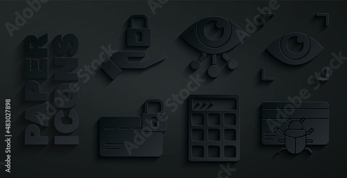 Set Password protection, Eye scan, Credit card with lock, System bug in credit, and Lock hand icon. Vector