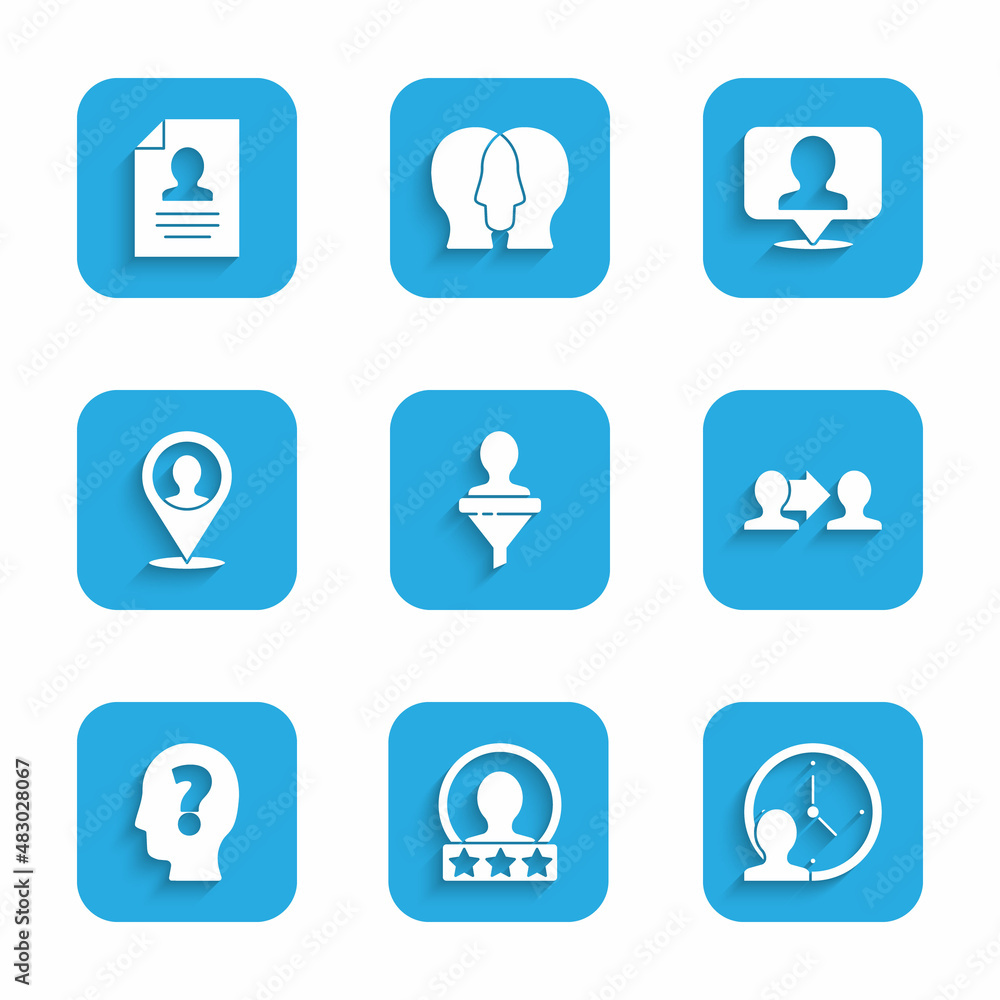 Set Head hunting, Create account screen, Time Management, Project team base, with question mark, Location person, and Resume icon. Vector Set Head hunting, Create account screen, Time Management, Project team base, with question mark, Location person, and Resume icon. Vector