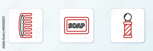 Set line Classic Barber shop pole, Hairbrush and of soap with foam icon. Vector