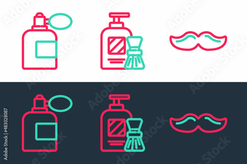 Set line Mustache, Aftershave bottle with atomizer and Shaving gel foam and brush icon. Vector