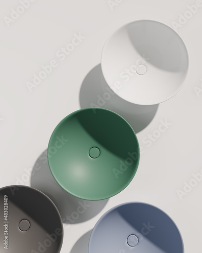 Fotografija 3d rendering of wash basins in different colors. Flat lay.
