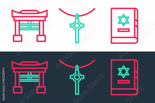 Set line Jewish torah book, Japan Gate and Christian cross on chain icon. Vector