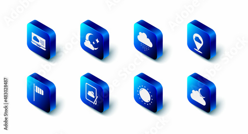 Set Cloud with moon, rain, Location cloud, Sun, Weather forecast, Cone windsock wind vane and icon. Vector