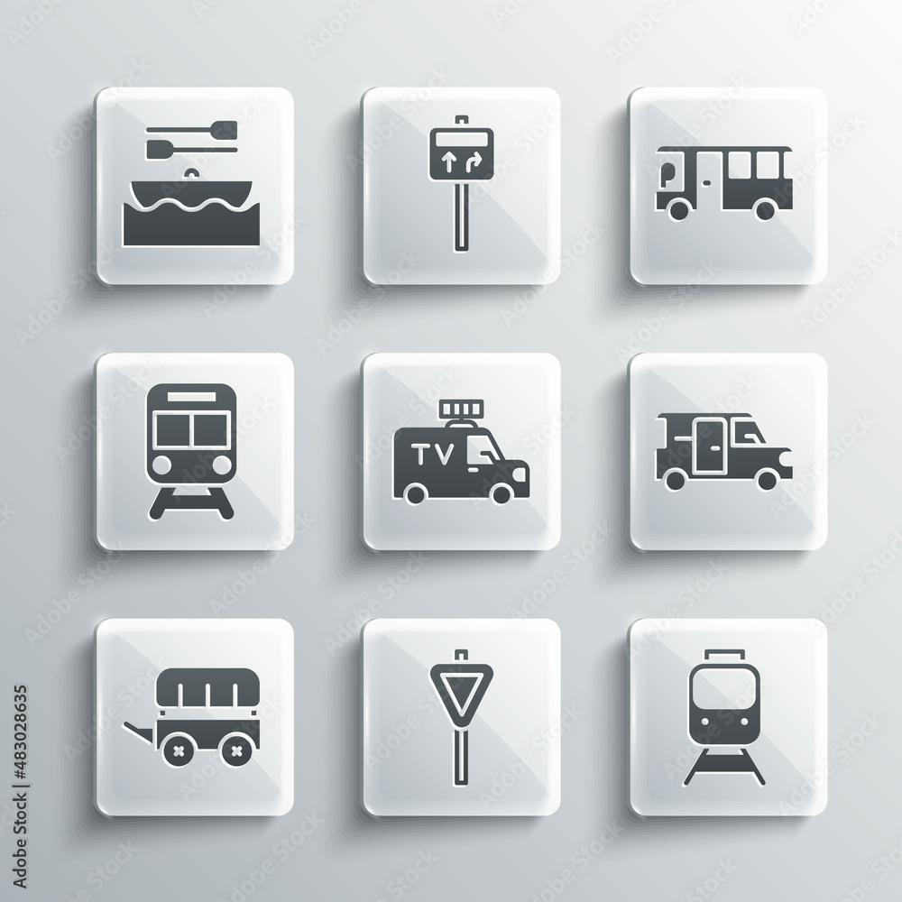 Set Road traffic signpost, Train and railway, Minibus, TV News car, Wild west covered wagon, Boat with oars and Bus icon. Vector Set Road traffic signpost, Train and railway, Minibus, TV News car, Wild west covered wagon, Boat with oars and Bus icon. Vector