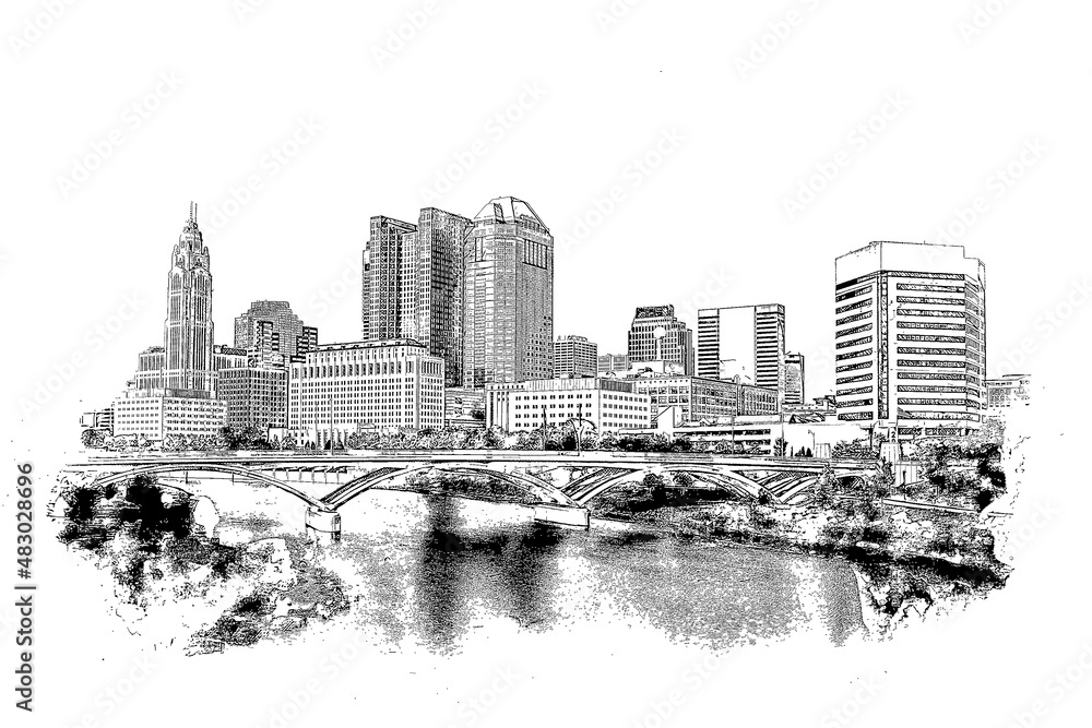Panorama of downtown Columbus from the Main Street Bridge, Ohio, USA, ink sketch illustration.