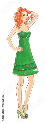 Hand-drawn fashion model, watercolor illustration of redhead woman touch her ...