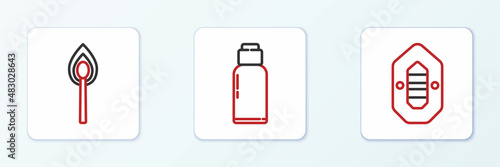 Set line Rafting boat, Burning match with fire and Canteen water bottle icon. Vector