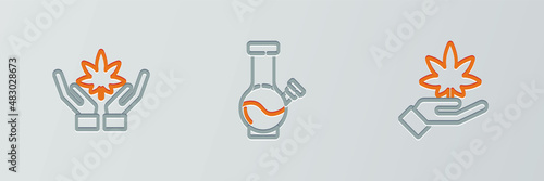 Set line Marijuana or cannabis leaf, and Glass bong for smoking marijuana icon. Vector