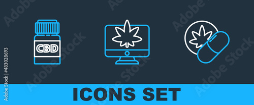 Set line Herbal ecstasy tablets, Medical bottle with cannabis and Monitor and marijuana or icon. Vector